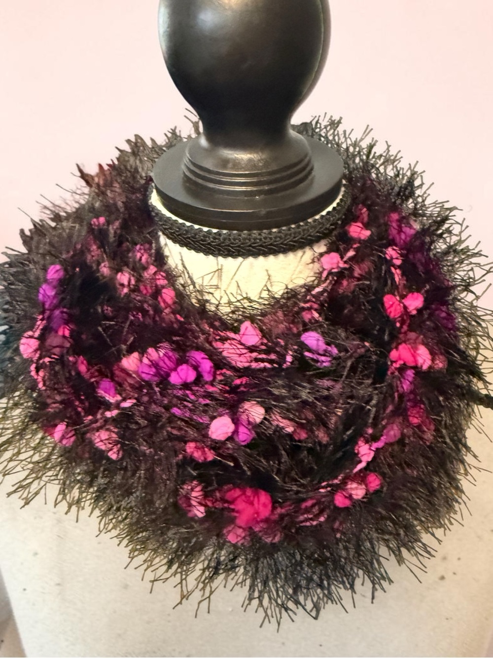 Handmade Crocheted “Eyelash” Infinity Scarf in black and Pink